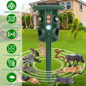 5 Modes Animal Repeller - Solar/USB Rechargeable, PIR Sensing, 3229Sq.ft Coverage, IP54 Waterproof, Repels Rodents Birds Snakes Raccoons (Option: defaulttitle)